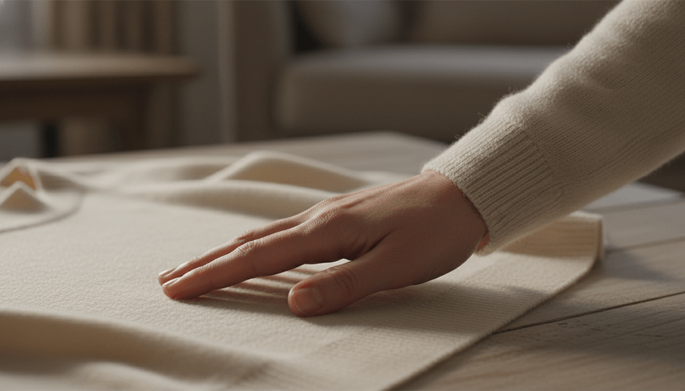 A hand touching a luxurious, soft Merino wool sweater
