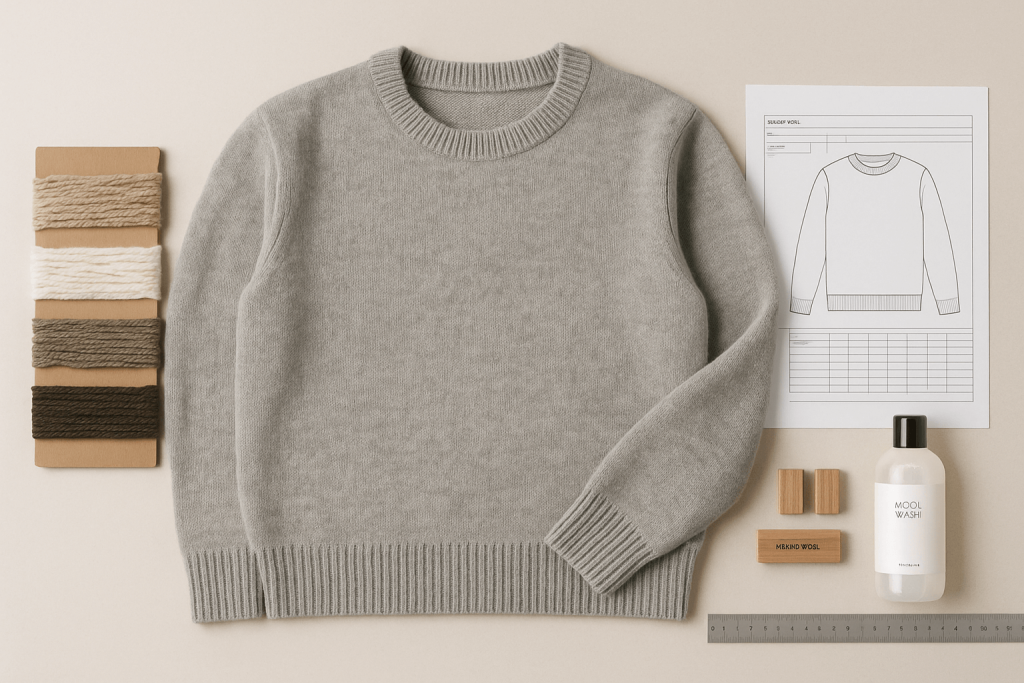 A merino wool sweater and development tools (yarn swatches, tech pack sketch, ruler) neatly arranged on a modern worktable. Clean, professional studio lighting, minimalist style.