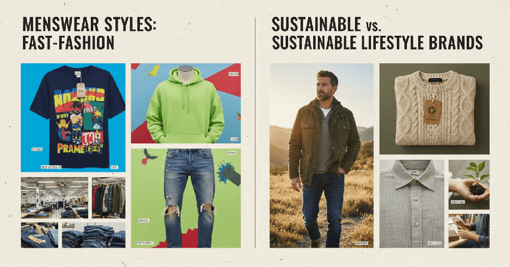 Menswear Brand Styles and Cotton Choices A mood board showing different menswear styles, from fast-fashion to sustainable lifestyle brands.