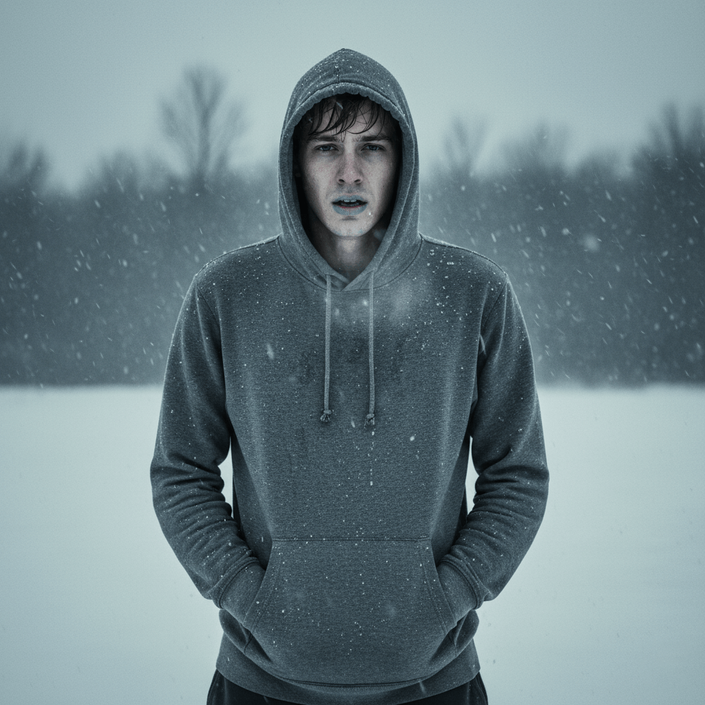 A person looking cold and damp in a cotton hoodie in winter