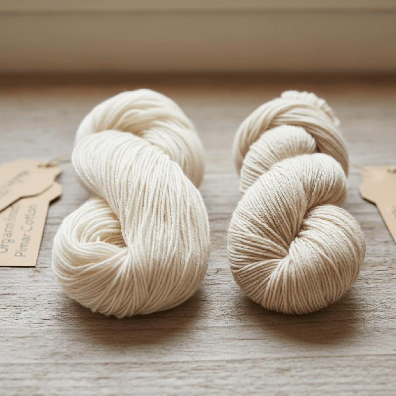 Pima Cotton vs. Organic Cotton Yarn A side-by-side comparison of Pima cotton yarn and standard organic cotton yarn.