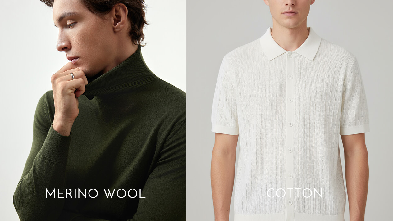 A split image showing a Merino wool sweater and a cotton polo