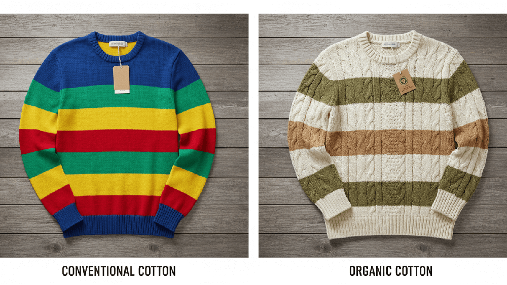 Color Difference Between Conventional and Organic Cotton A split image showing a brightly colored conventional cotton sweater next to a muted, earth-toned organic cotton sweater.