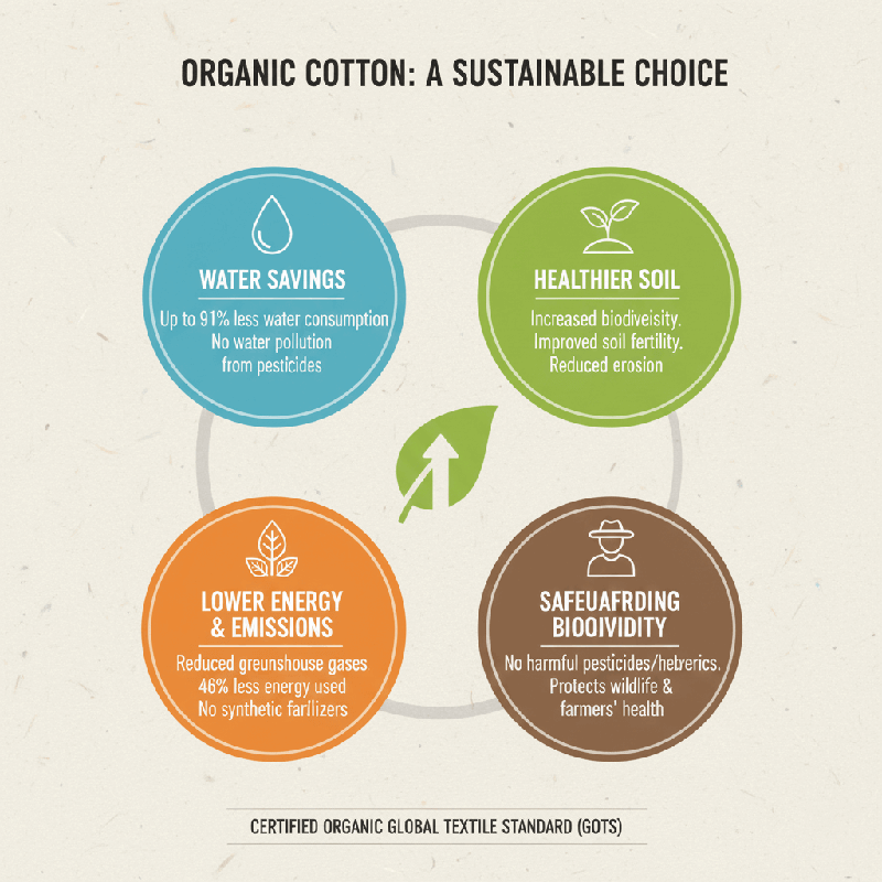 Environmental Benefits of Organic Cotton An infographic showing the environmental benefits of organic cotton farming.