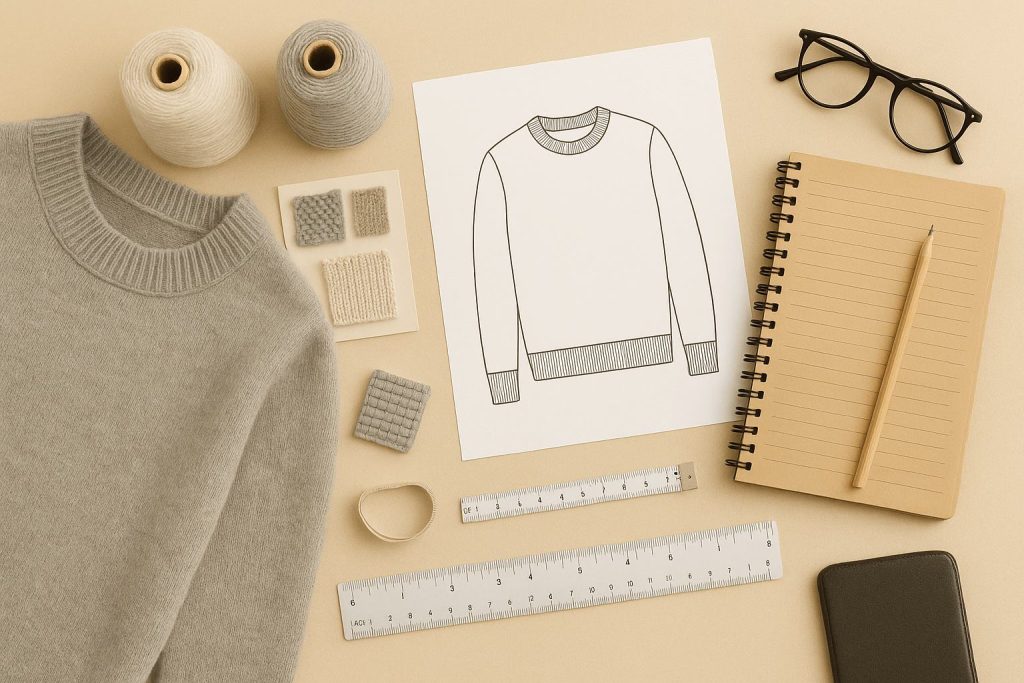 Sweater design process, fashion flat lay, knitwear development, tech pack, yarn swatches, design sketch, creative workspace, top view