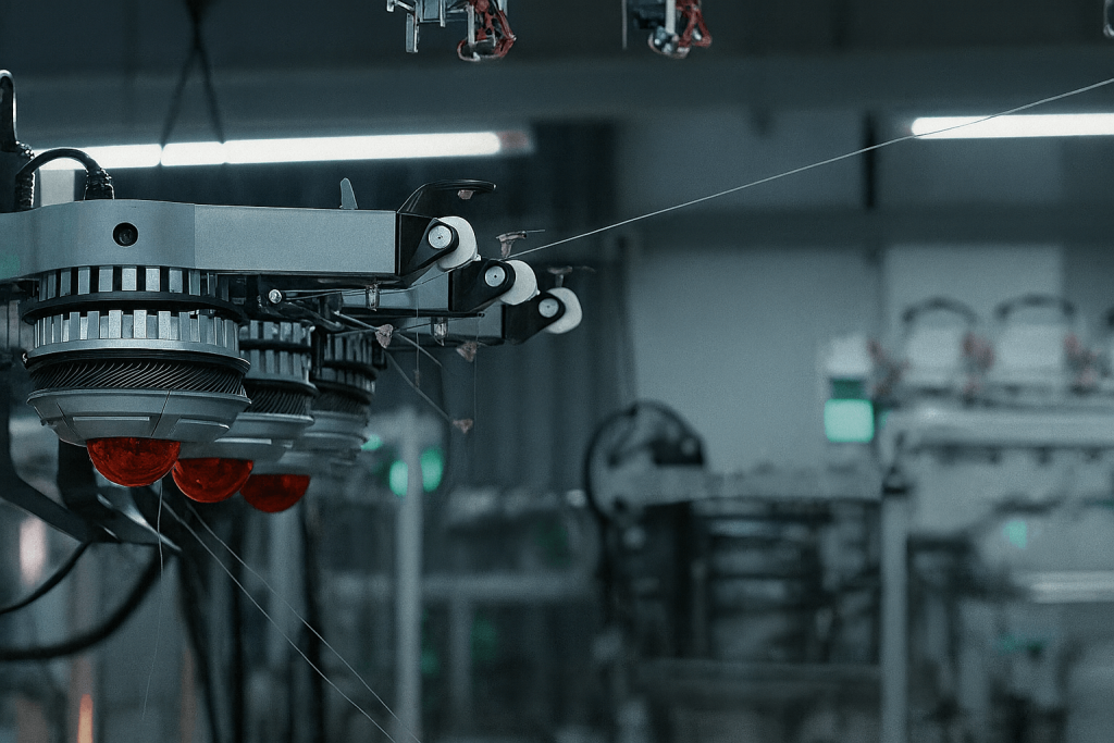 Close-up of an industrial knitting machine in operation, cool-toned lighting, sharp metal details, thin yarn running through guides, blurred factory background, minimal composition, modern textile manufacturing aesthetic