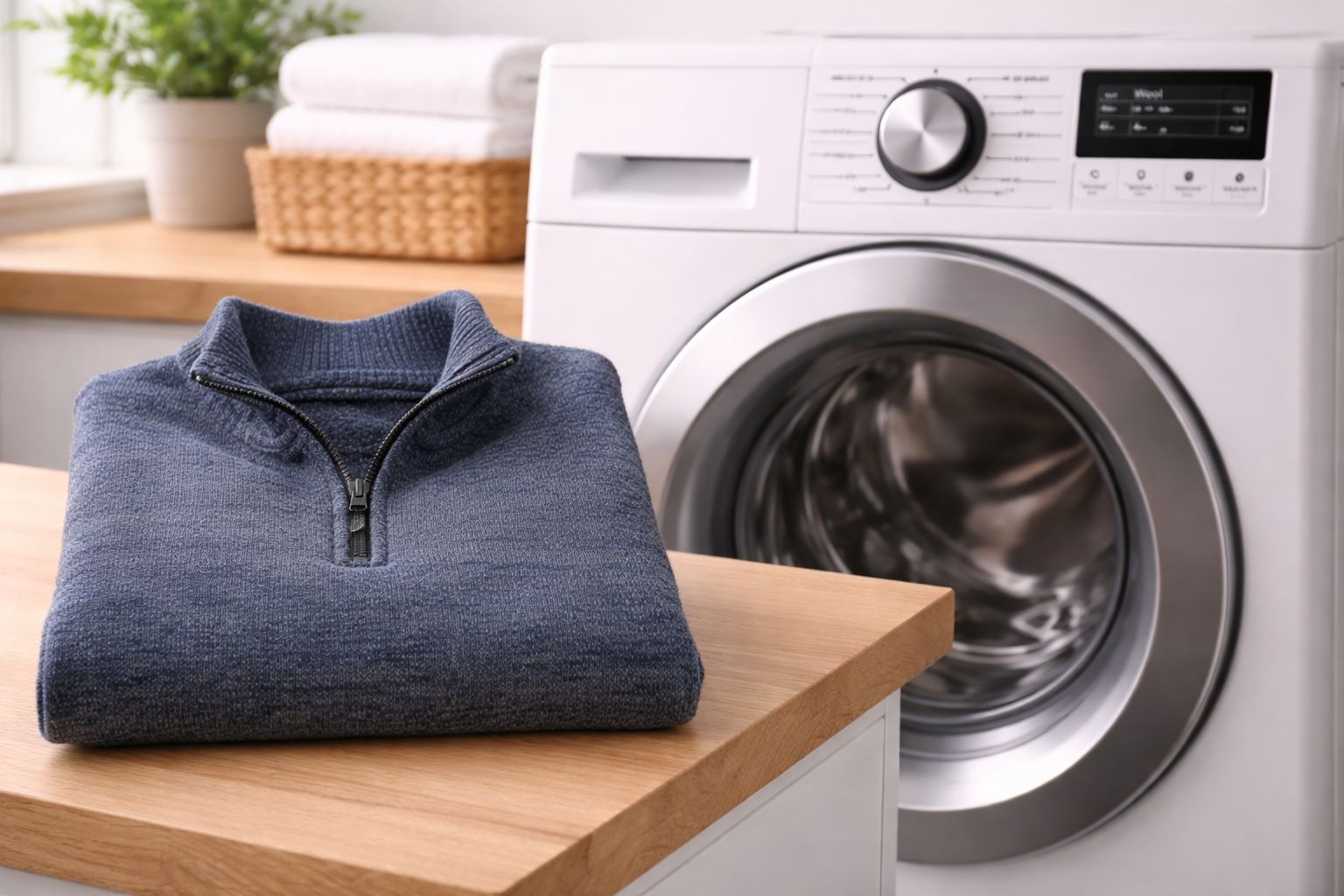 A Merino wool sweater next to a modern washing machine.