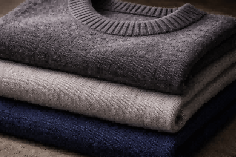 A close-up of a neatly folded stack of Merino wool sweaters in different neutral colors, showing their fine texture and quality.