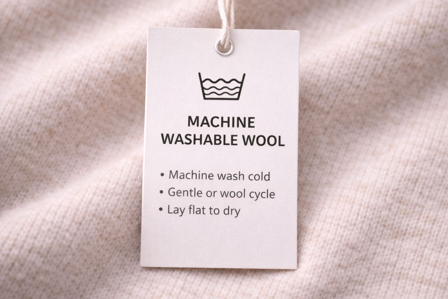 A clothing tag showing 'machine washable wool' instructions.