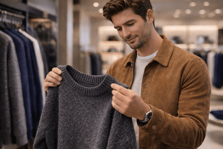 A customer in a high-end retail store admiring the quality and feel of a Merino wool sweater.