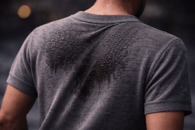 A damp, dark grey cotton t-shirt sticking uncomfortably to a person's back.