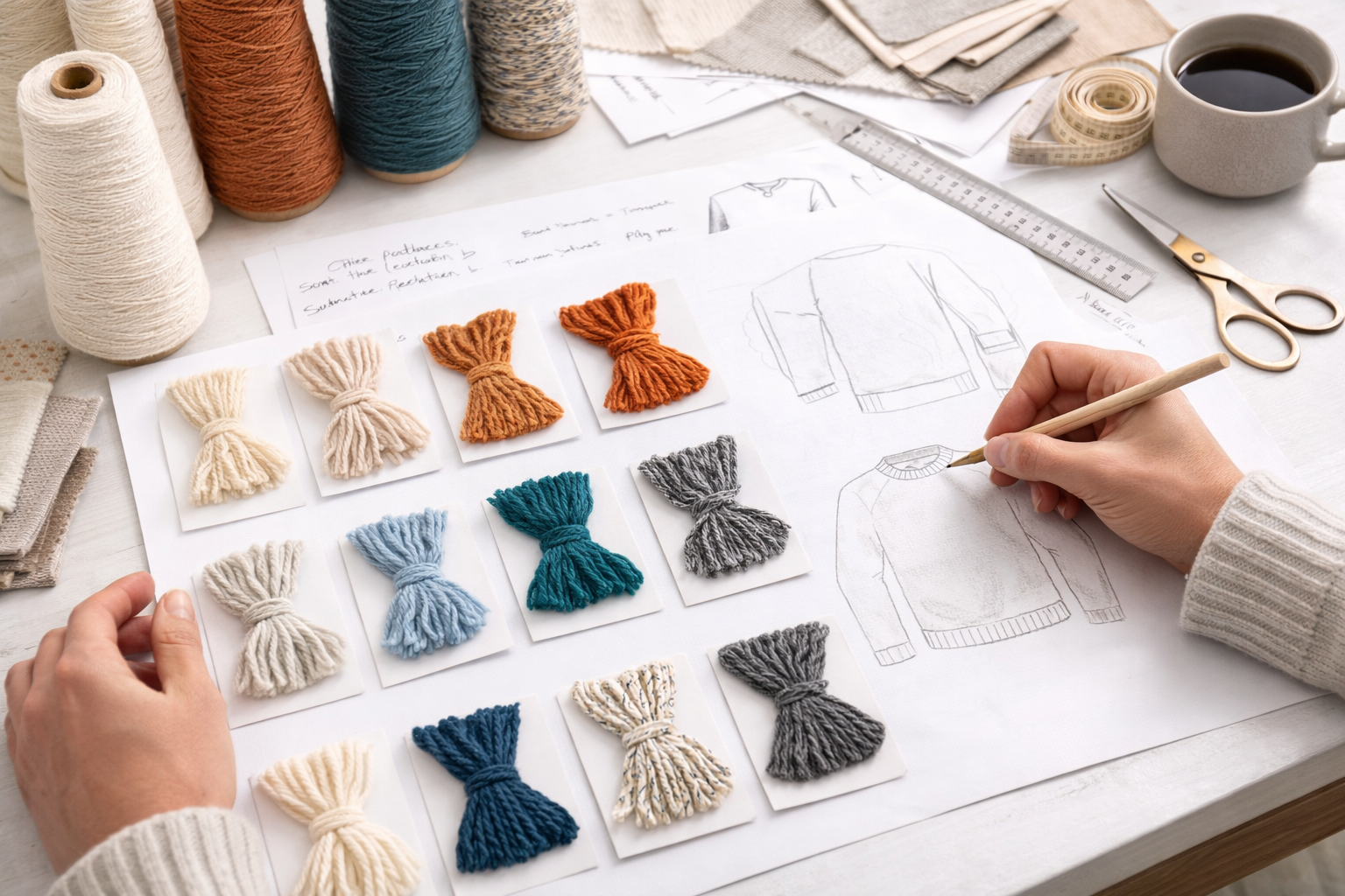 A designer's table with yarn swatches of different colors and textures, representing custom development