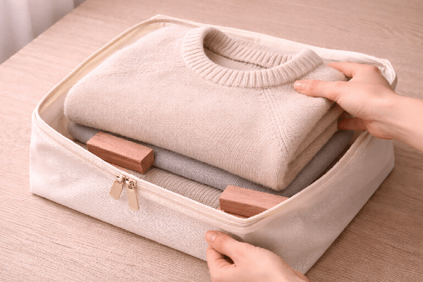 A folded cashmere sweater being placed into a breathable cotton storage bag with cedar blocks.