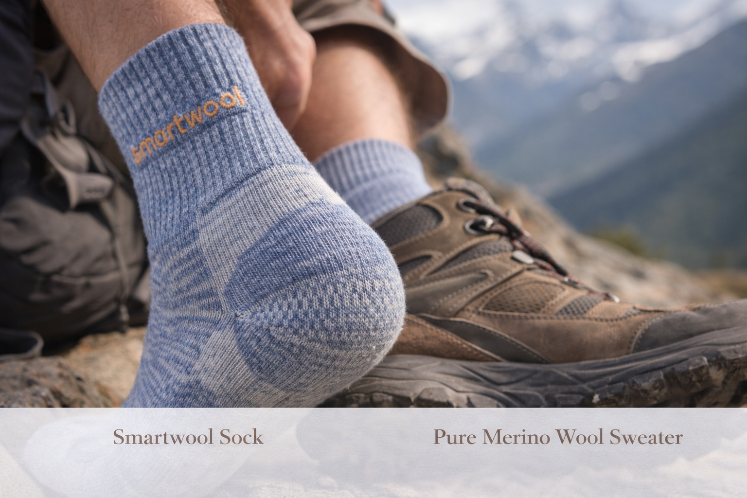 A hiker wearing Smartwool socks, with a focus on the reinforced heel area
