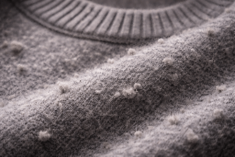 A magnified view showing minor pilling on a low-quality wool sweater.