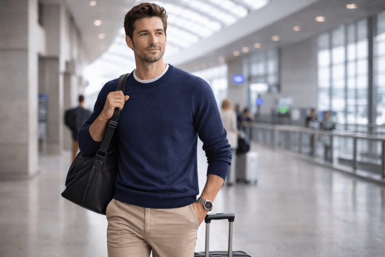 A man comfortably wearing a lightweight Merino wool sweater while traveling through an airport, demonstrating its versatility.