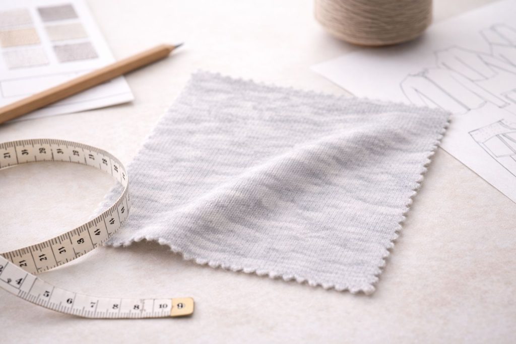 A merino wool knit swatch on a designer's table with a measuring tape beside it, implying quality control and precise fit.