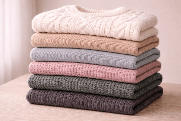 A neatly folded stack of Merino wool sweaters in different colors.
