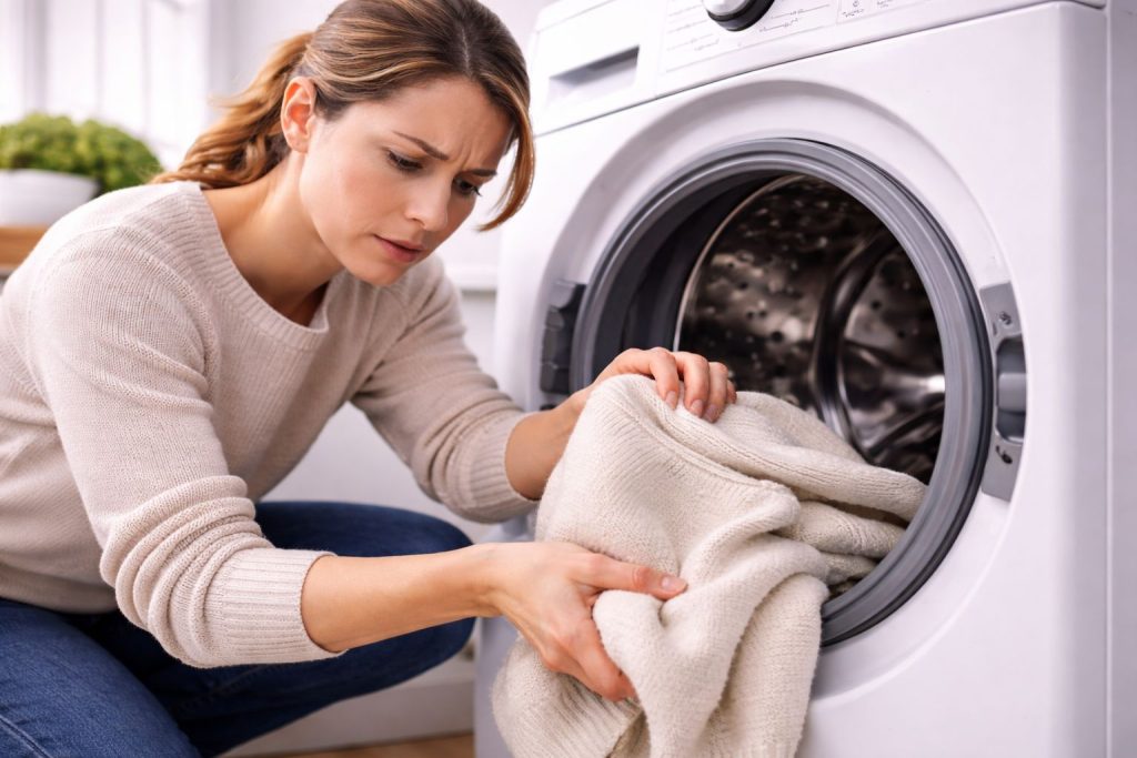 A person cautiously putting a delicate wool sweater into a washing machine, worried expression, high-contrast photo