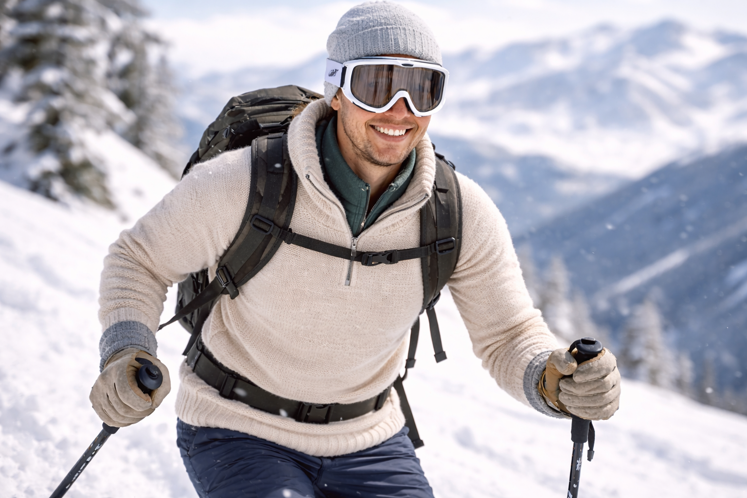 A person comfortably skiing in the snow, wearing visible knit layers