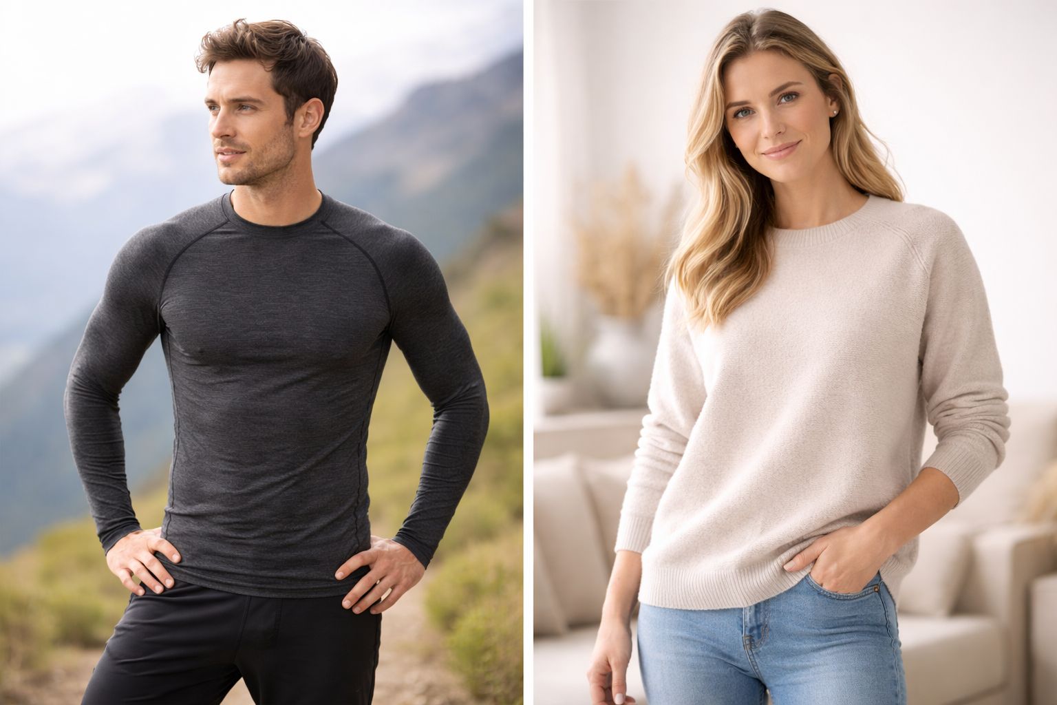 A person wearing a tight-fitting merino wool base layer for sport, next to someone in a relaxed-fit merino sweater for casual wear