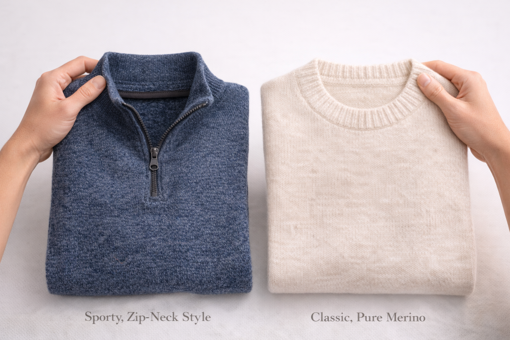 A person's hands holding two sweaters, presenting them to the viewer. One sweater is a sporty, zip-neck style , and the other is a classic, elegant crewneck in a solid color (representing pure Merino).