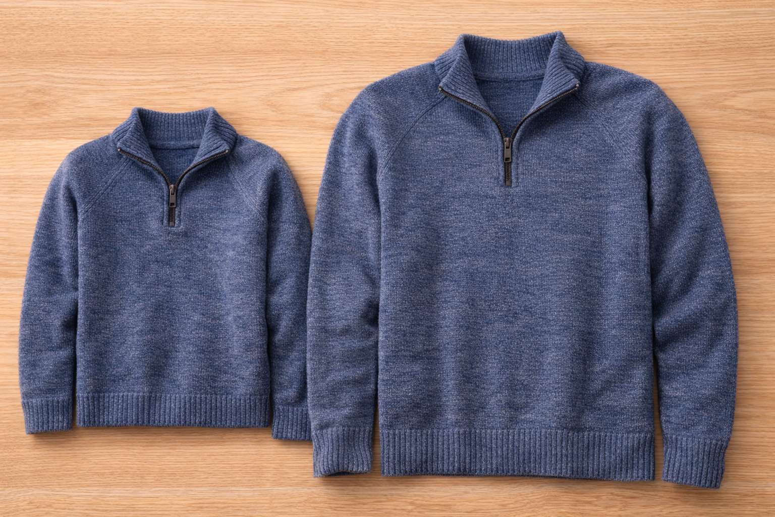 A shrunken wool sweater compared to a normal-sized one.