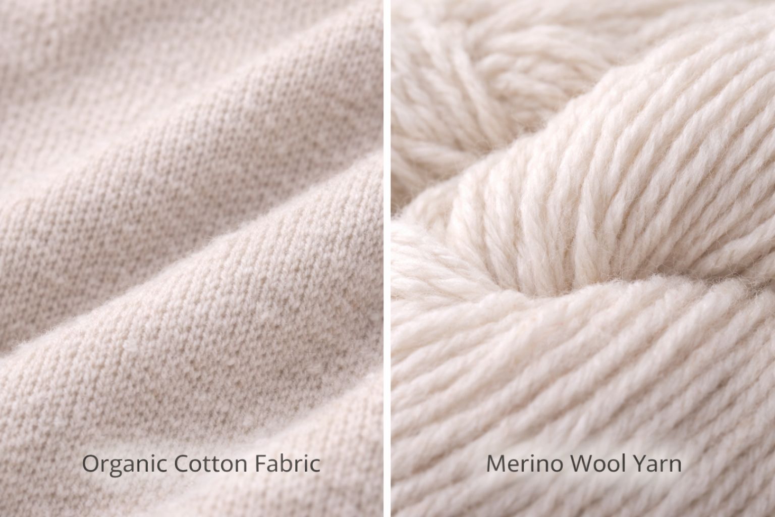 A side-by-side comparison of organic cotton fabric and merino wool yarn