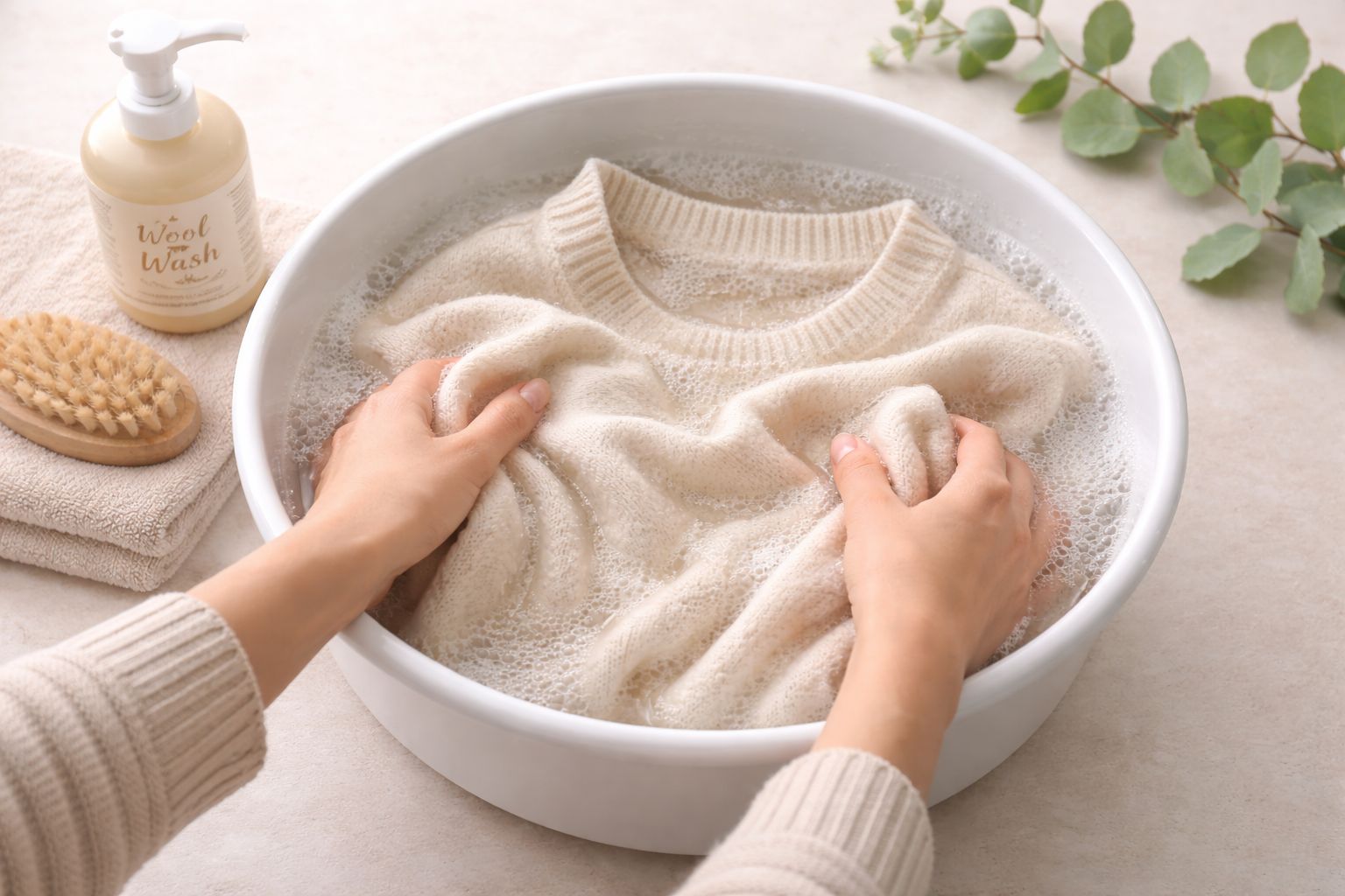 A sweater being gently hand-washed in a basin with cold water and wool-safe detergent
