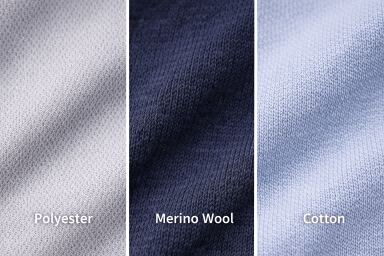 Close-up comparison of three fabric swatches: polyester, Merino wool, and cotton.