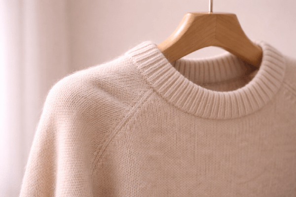 Close-up of a sweater's shoulder stretched and distorted from being on a hanger.