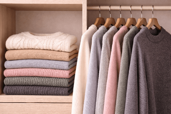 Folded sweaters vs. a sweater on a hanger, sharp contrast, photographic style
