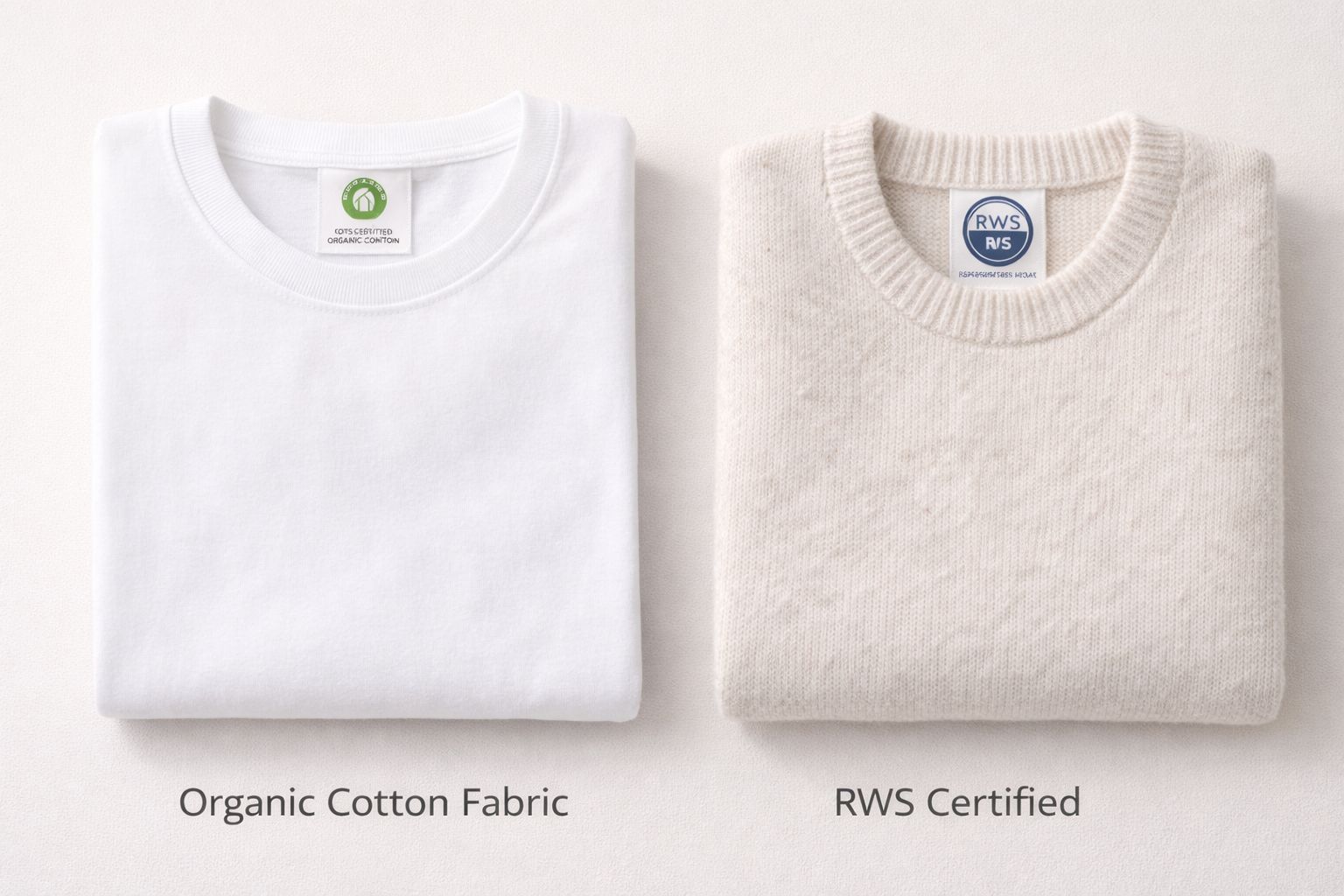 GOTS certified organic cotton t-shirt next to an RWS certified merino wool sweater