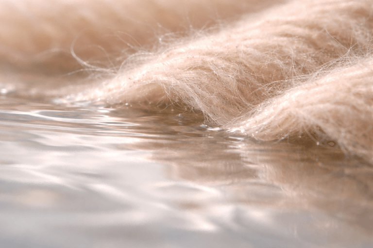 Macro close-up of high-quality wool fibers as they gently touch the surface of clear, clean water. Abstract, serene, and full of texture.
