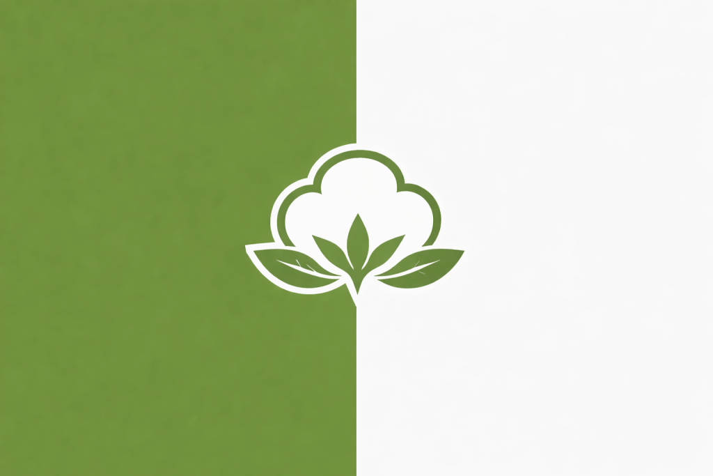 Minimalist graphic. A single cotton boll centered on a vertically split background earthy green vs pure white. Strong color and texture contrast.
