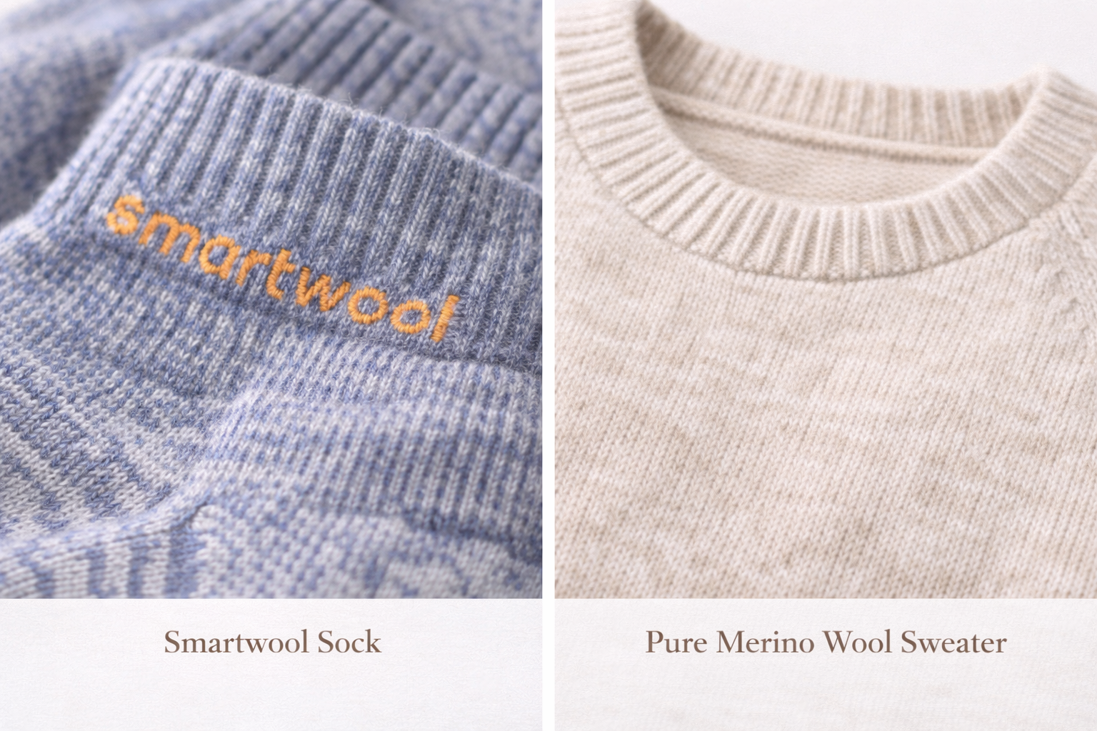 Side-by-side comparison of a Smartwool sock and a pure Merino wool sweater, showing different textures