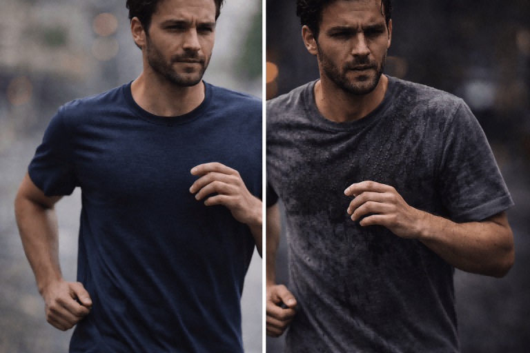 Split image showing a runner in a dry Merino wool shirt on one side and a runner in a soaked cotton shirt on the other.