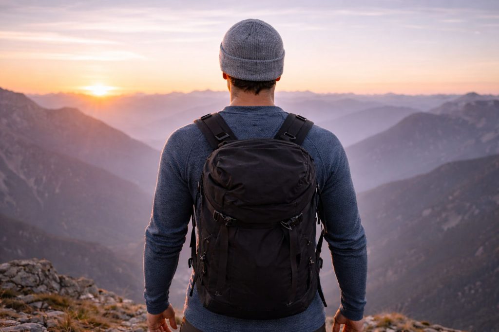 photorealistic, a hiker on a mountain peak at sunrise, wearing a merino wool base layer, detailed fabric texture, soft morning light, expansive view