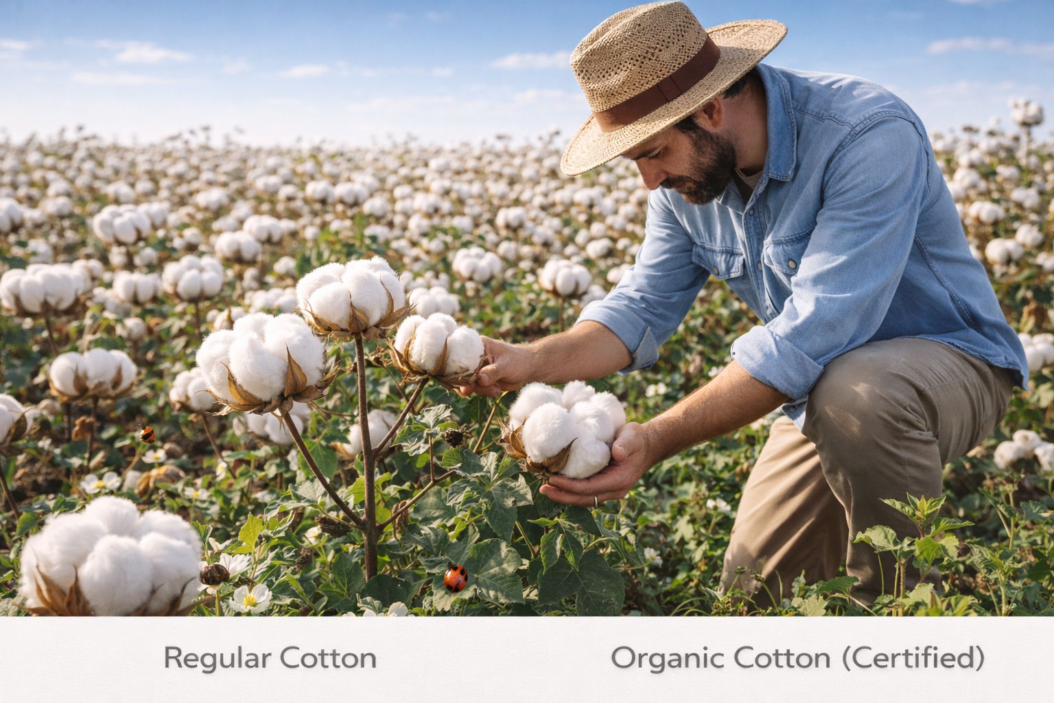 A farmer tending to an organic cotton field with healthy soil and lush plants