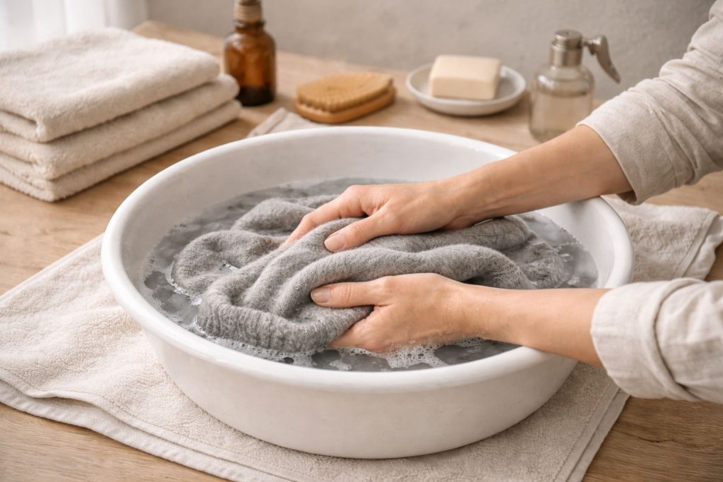 A minimalist photo, a soft wool sweater is being gently submerged into a simple white bowl of clear water. Bright, natural light. Neutral tones.