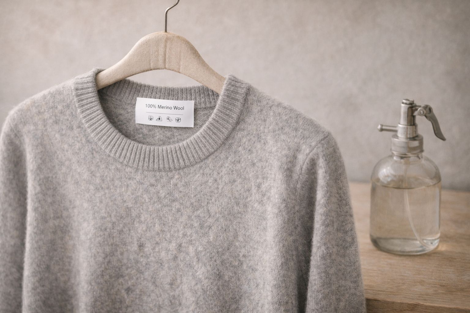 A wool sweater on a padded hanger with a spray bottle nearby