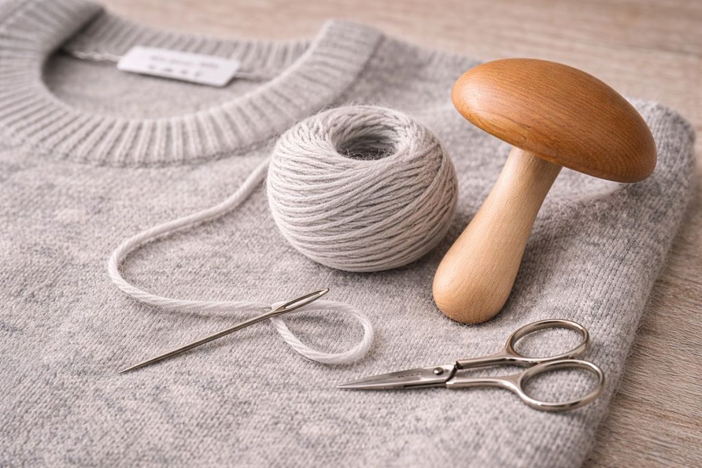 Darning tools including a needle, matching yarn, and a darning mushroom next to a knit sweater
