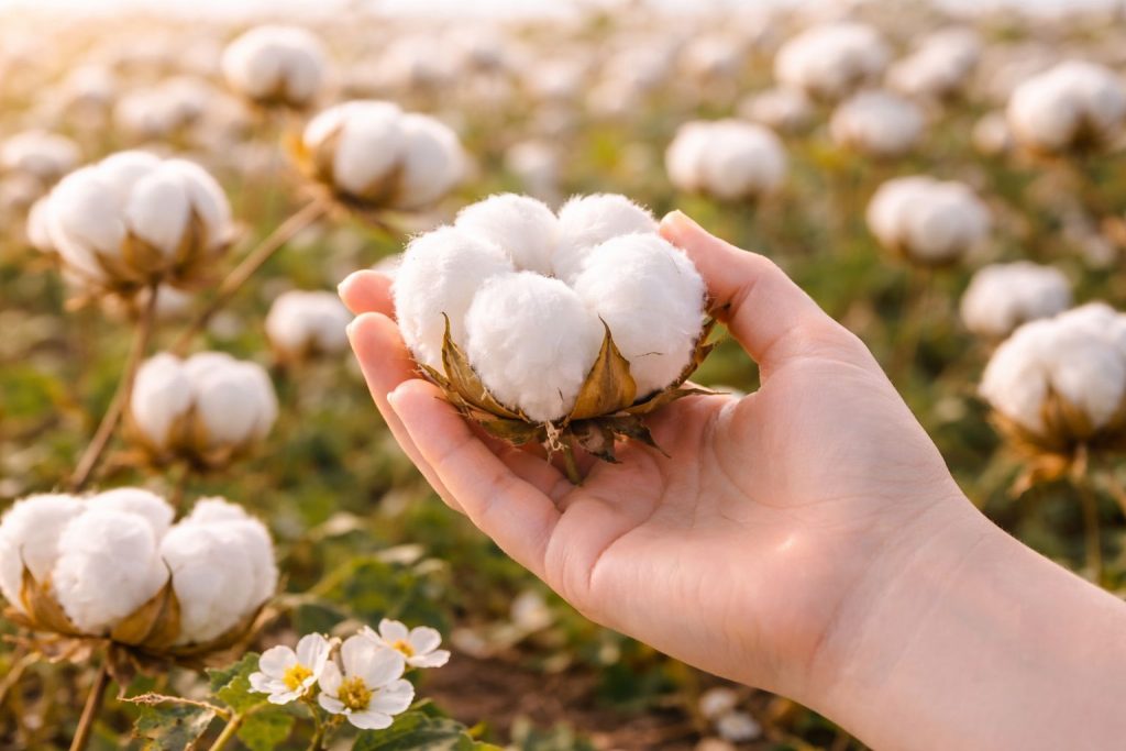 Hand gently holding a fluffy organic cotton boll in a sunny field, soft focus background, warm natural light.