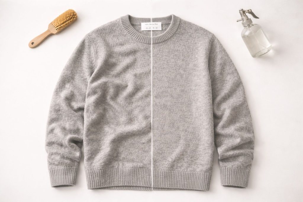 Minimalist flat lay, half a wool sweater is wrinkled, the other half is smooth, bright background.