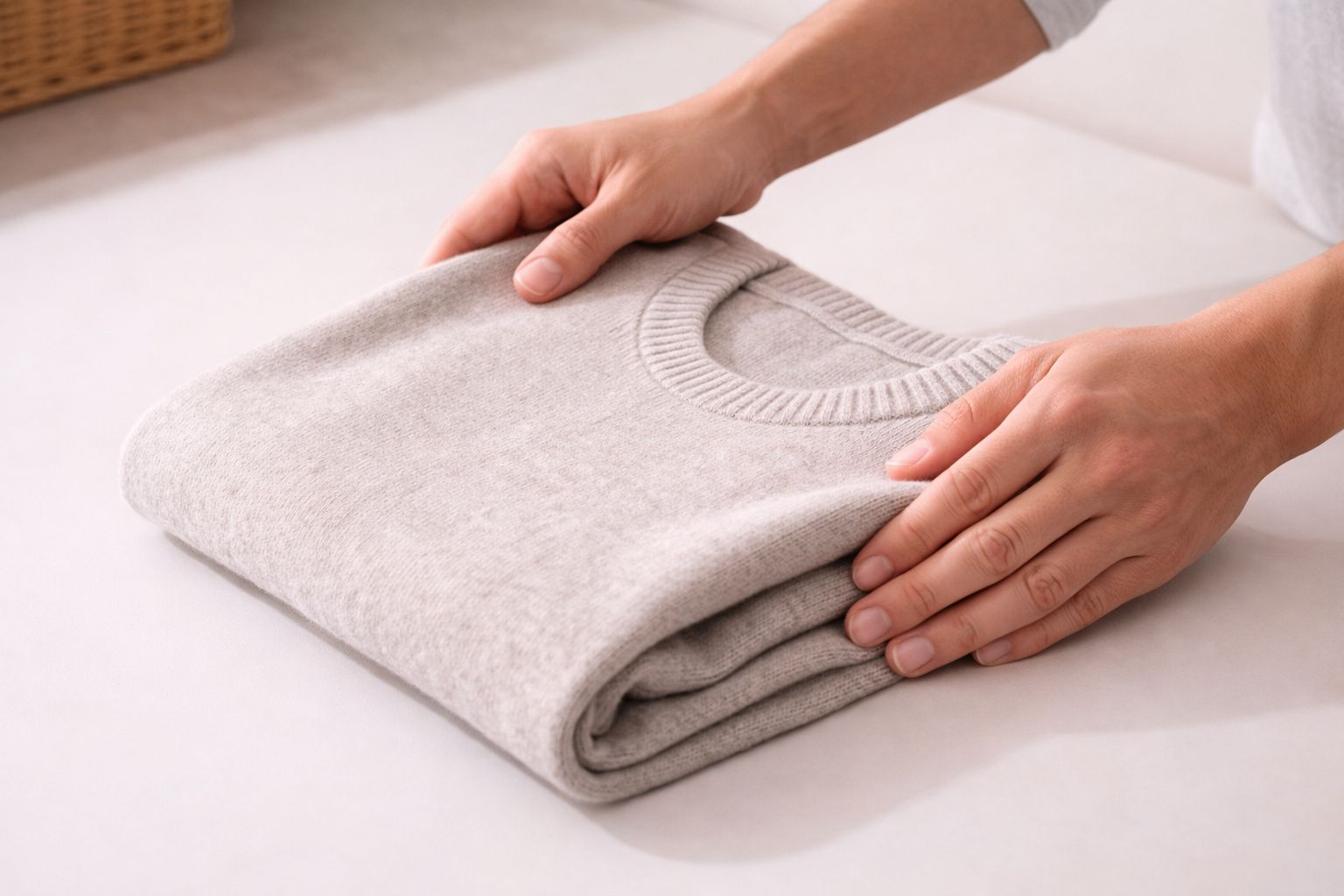 A close-up of a person carefully folding a sweater on a flat surface before storing it.