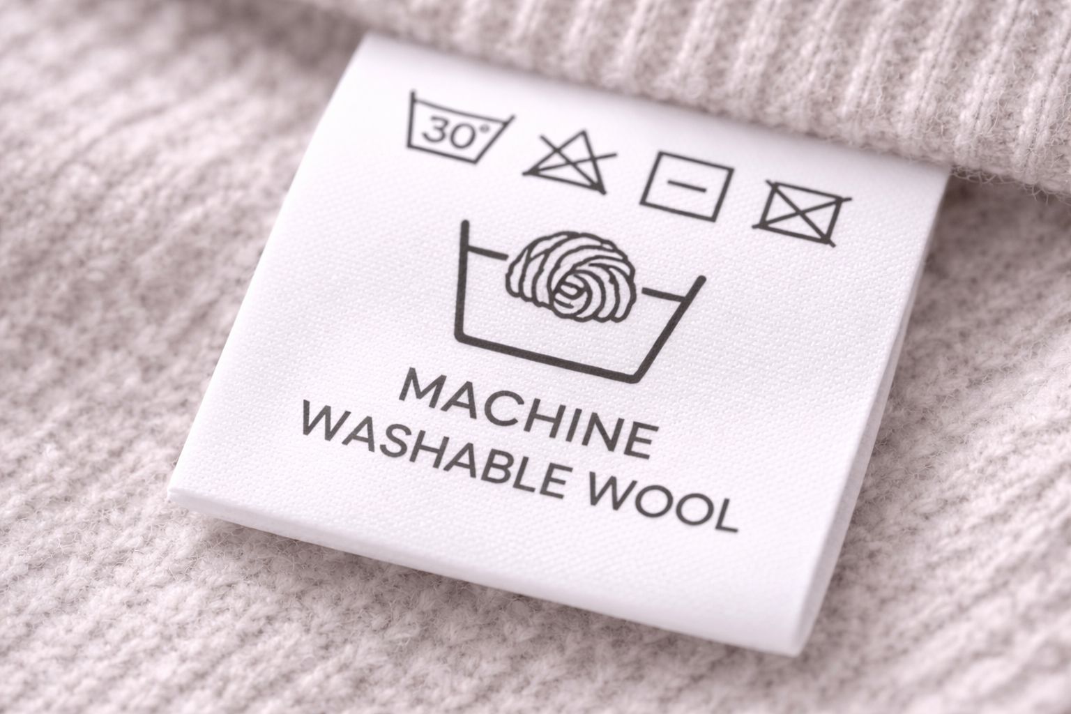 A close-up of a sweater's care label showing the machine-washable wool symbol