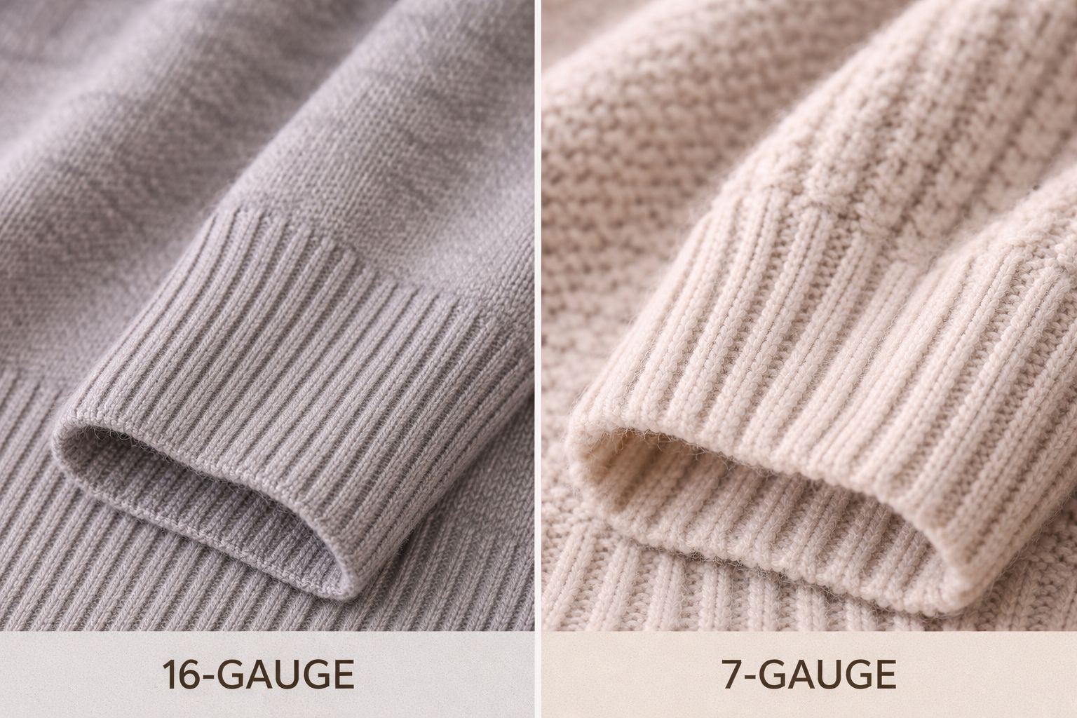 A close-up of a tightly-knit 16-gauge sweater next to a loosely-knit 7-gauge sweater