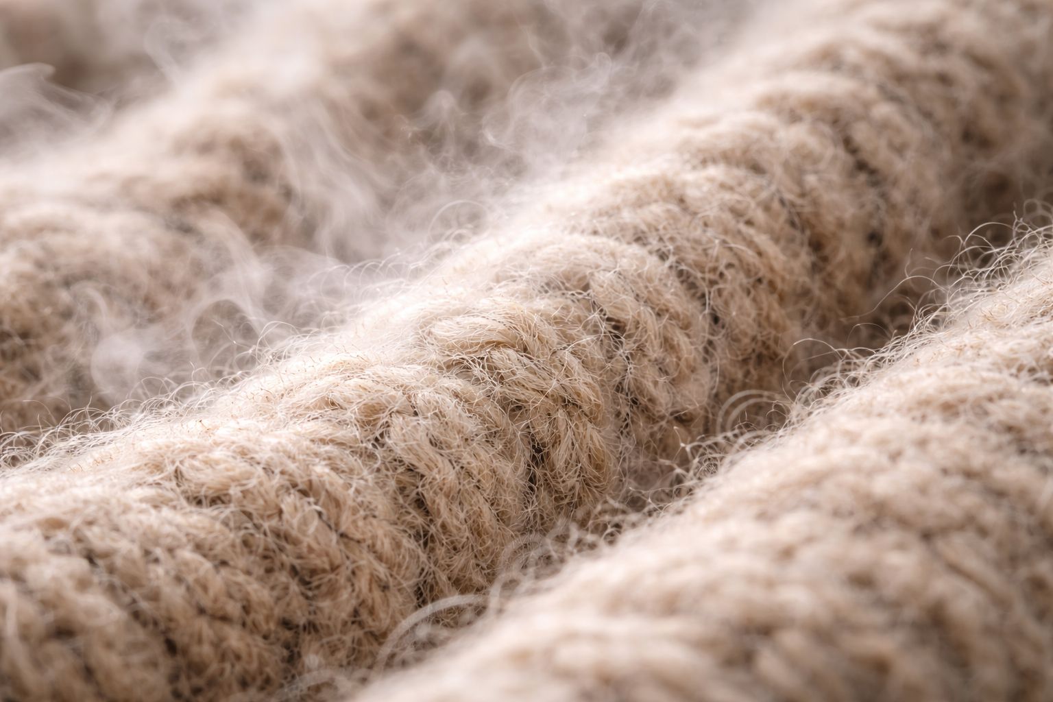 A close-up of steam penetrating the fibers of a wool knit