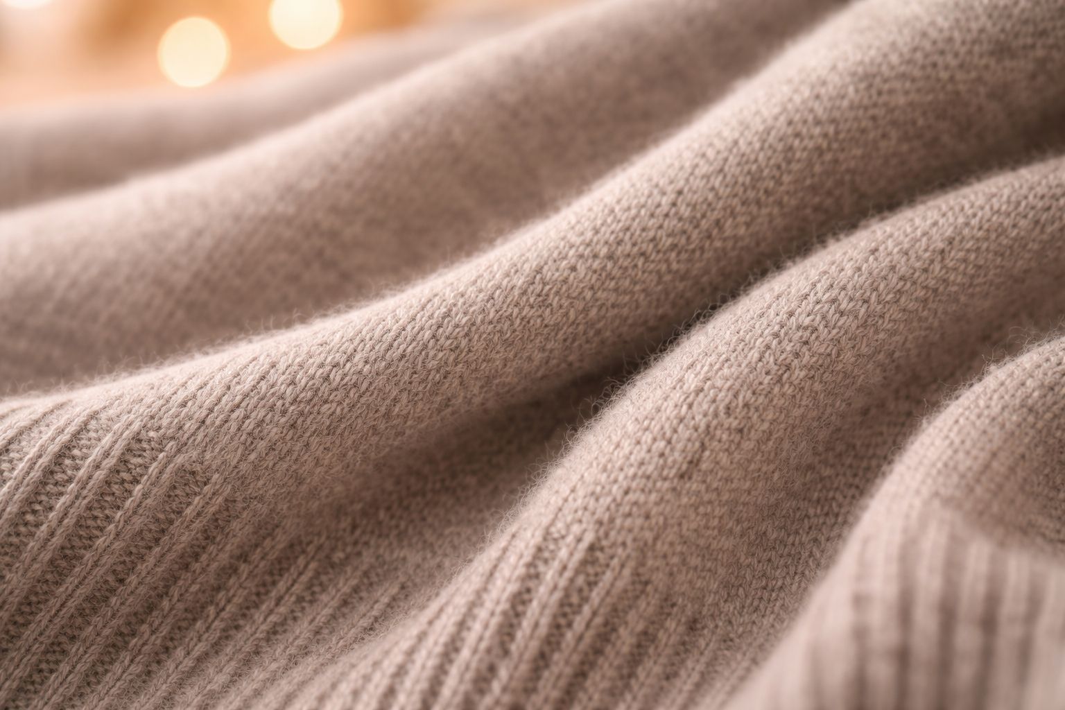 A close-up shot of a Merino wool sweater's texture with a subtle, safe warmth element in the background