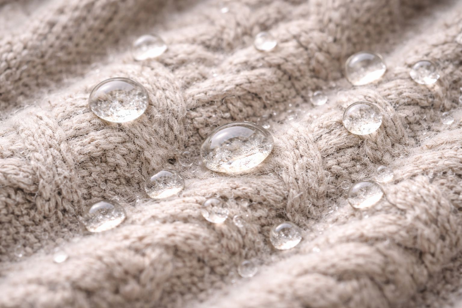 A close-up view of water beading on the complex knit structure of merino wool